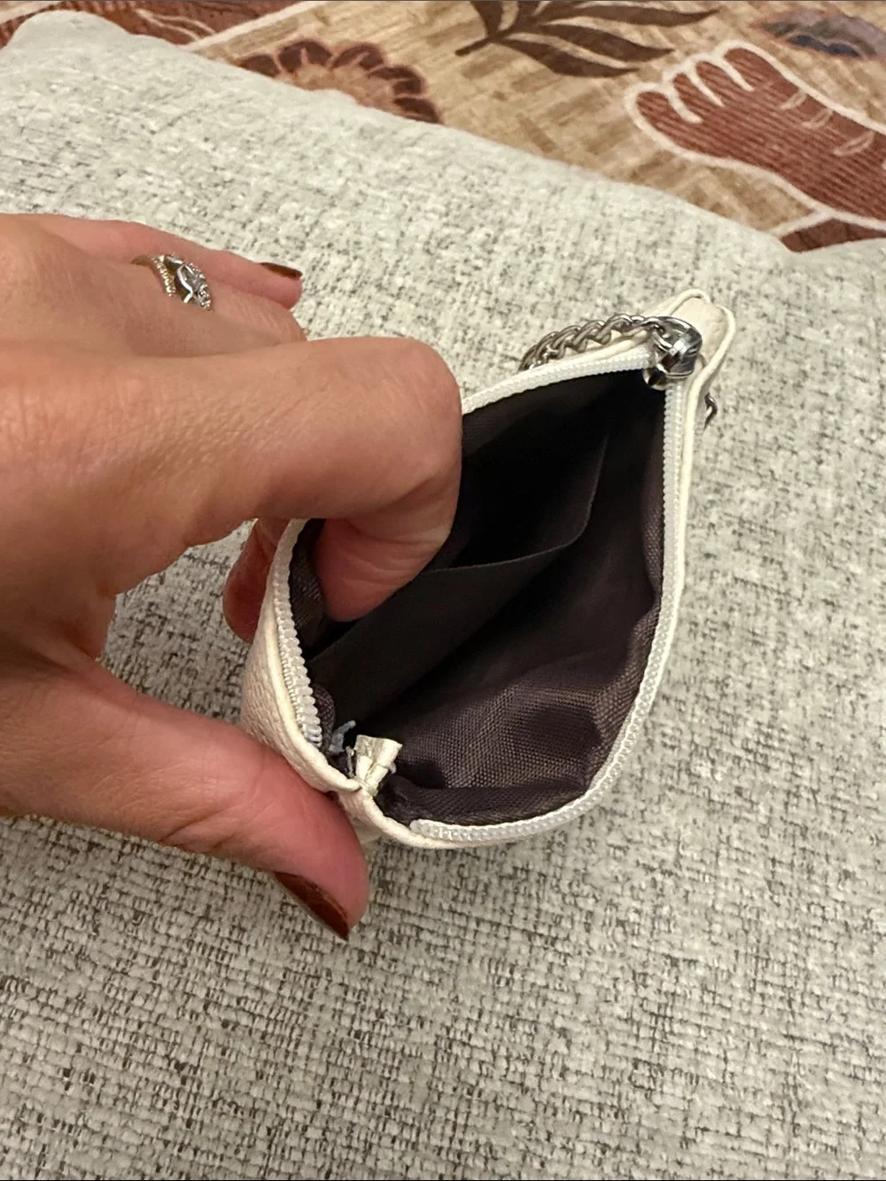 Cream Faux Leather Zip Pouch Keychain Wallet
